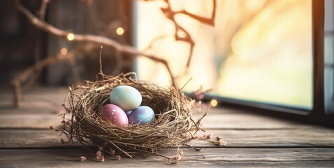 Easter eggs on rustic wooden background for holiday concept.Happy Easter and Holidays