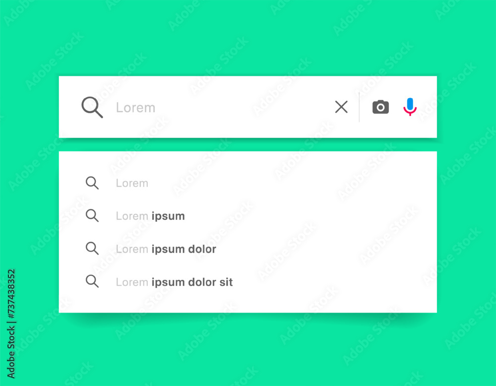 Poster Search Bar with suggestions for UI UX design and web site. Search Address and navigation bar icon. Collection of search form templates for websites. Search engine web browser window template.