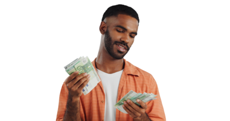 Man, money and counting cash with finance for profit, salary or financial freedom on a transparent PNG background. Young male person with paper bills, currency or growth for investment or savings