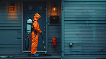the technician holding a sprayer and emphasizing the application of the product at the base of the building to ensure thorough protection against pests.