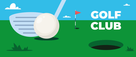 Golf club and ball tee on grass field, vector sport tournament poster background. Golf championship or team competition event banner with golf ball and stick on green putter field Vector illustration.