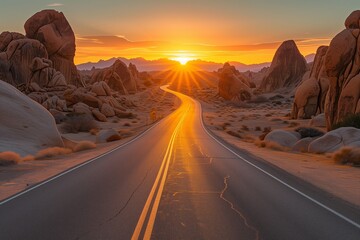 A highway towards a desert sunrise, with the sun emerging above the horizon and casting a warm, orange glow on scattered desert boulders.
