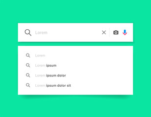 Search Bar with suggestions for UI UX design and web site. Search Address and navigation bar icon. Collection of search form templates for websites. Search engine web browser window template.