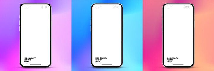 3D realistic high quality smartphone mockup with isolated background. Smart phone mockup collection. Device front view. 3D mobile phone with shadow on white background.