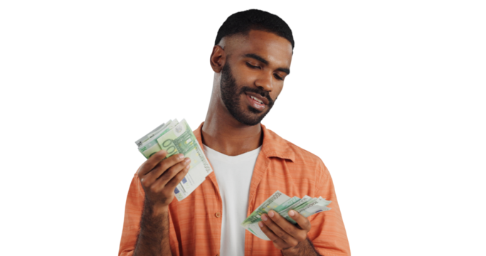 Man, money and counting cash with finance for profit, salary or financial freedom on a transparent PNG background. Young male person with paper bills, currency or growth for investment or savings