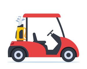 Electric golf car with golf club bag. Transport, vehicle for playing golf. Vector illustration.