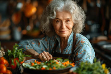 Mature woman in the kitchen against a background of vegetables and herbs - obrazy, fototapety, plakaty