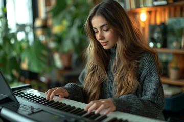 A woman is learning to play the piano - obrazy, fototapety, plakaty