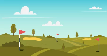 Poster Golf course nature landscape, green grass, pole flag, hole for ball and trees under blue sky with bright sun shining. Place for tranquil recreational sport, Cartoon background, vector illustration © Alena