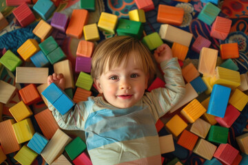 Fototapeta na wymiar A toddler is playing with colorful wooden block toys