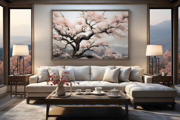 Immerse yourself in the beauty of nature within your living room as a simple frame displays a captivating painting that evokes a sense of calm and serenity.