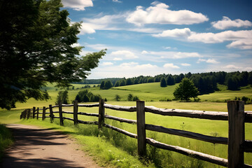 Fototapeta na wymiar Rustic Wooden Fence along a Verdant Field under a Clear Sky - An Ode to Rural Life