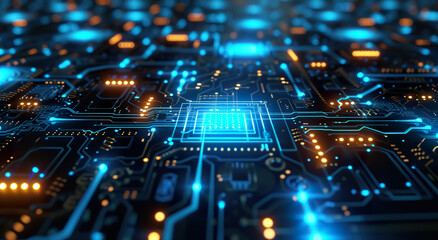 Obraz premium circuit electronic board with microchip, hardware and technology background concept, computer motherboard macro