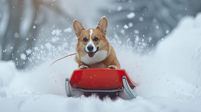 a cute corgi as it enjoys bobsledding with a cool face, its full body figure gliding down the snowy slope with a playful expression that radiates joy and excitement.