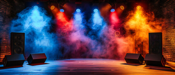 Concert Stage with Bright Spotlights and Smoke, Entertainment Event Background, Live Music Performance Scene - obrazy, fototapety, plakaty
