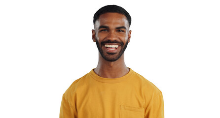 Happy, fashion and portrait of black man with smile on isolated, PNG and transparent background. Humor, funny joke and face of person in trendy clothes with confidence, pride and positive attitude