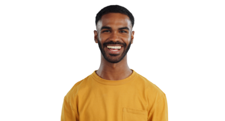 Happy, fashion and portrait of black man with smile on isolated, PNG and transparent background. Humor, funny joke and face of person in trendy clothes with confidence, pride and positive attitude