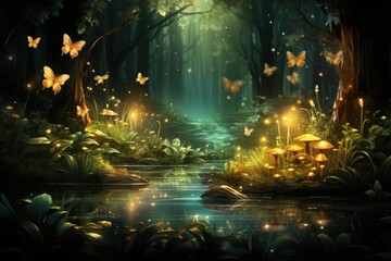 A vivid forest teeming with numerous butterflies gracefully fluttering above a flowing river.