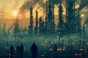 group of oil refineries in the middle of a city. The refineries are polluting the air, and there are people wearing masks in the background - obrazy, fototapety, plakaty