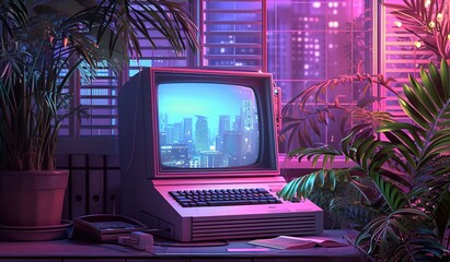 old retro personal computer with vintage CRT display, obsolete old-fashioned pc with keyboard and screen, in style of synthwave