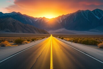 A straight desert highway approaching a fiery sunset that bathes the mountains in a soft glow.