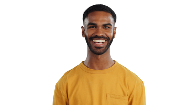 Happy, fashion and portrait of black man with smile on isolated, PNG and transparent background. Humor, funny joke and face of person in trendy clothes with confidence, pride and positive attitude