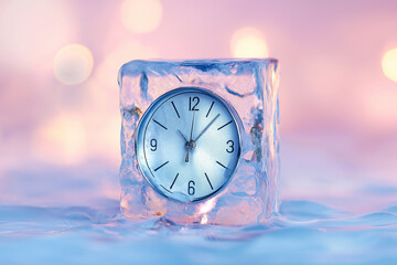 Alarm clock in ice cube, frozen time. Stopping the time concept, freeze time. Climate change. Daylight saving time, save the date, fall back