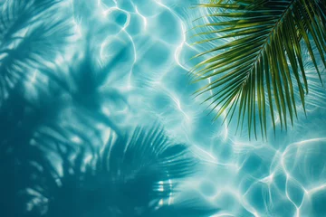 Foto op Plexiglas Water and sand surface with tropical palm leaves shadow. Green palm leaf shadow on white sand beach of an ocean shore. Tropical background for summer vacation at the beach. Calm sea, perfect vacation © Magryt