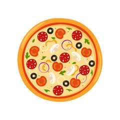 Fresh round pizza with tomato, cheese, olive, sausage, onion, basil. Traditional Italian fast food. Top view meal. Vector illustration.