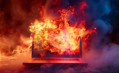 modern laptop burning, pc emergency and accident concept, data and information loss background