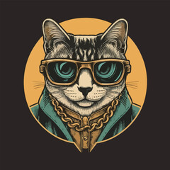 cat vector illustration for t shirt design Portrait of cat with glasses 
