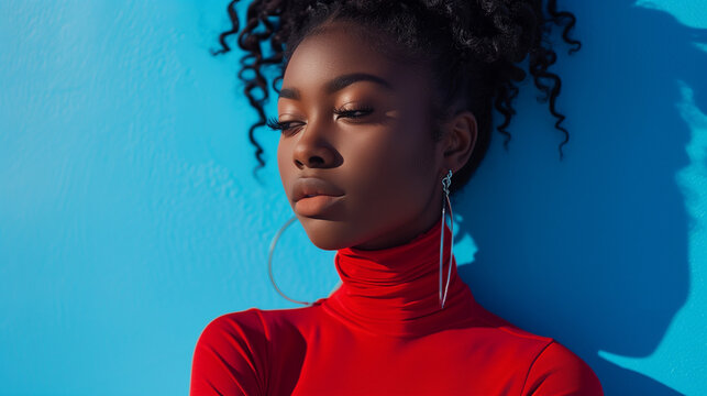 Elegant Portrait of a Young Woman with a Red Turtleneck