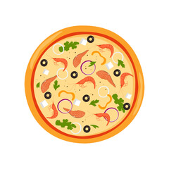Fresh round pizza with fish, shrimp, cheese, olive, onion, basil. Traditional Italian fast food. Top view meal. Vector illustration.