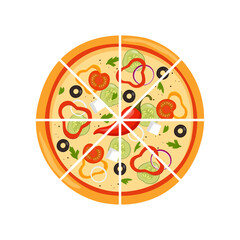 Fresh round pizza cut into triangular pieces. Pizza with tomato, cheese, olive, pepper, onion, basil. Traditional Italian fast food. Top view meal. Vector illustration.