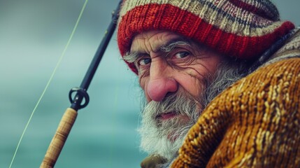 Portrait of a senior man fishing with a fishing rod in winter. AI.