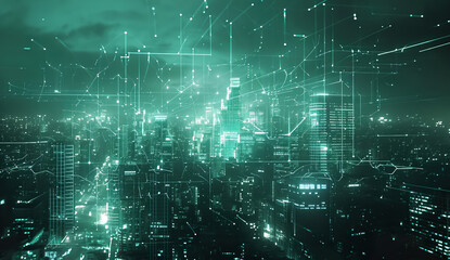 skyline of futuristic electronic night smart city at night, cyberspace and network concept