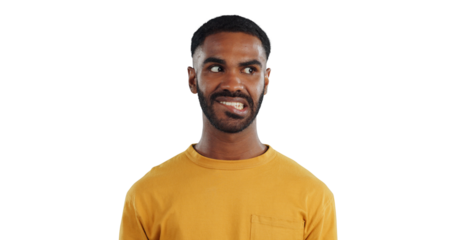 Thinking, anxiety and stress of black man isolated on a transparent, png background. Confused, fear and scared person with worry for mental health, burnout and doubt with mistake, nervous and fail