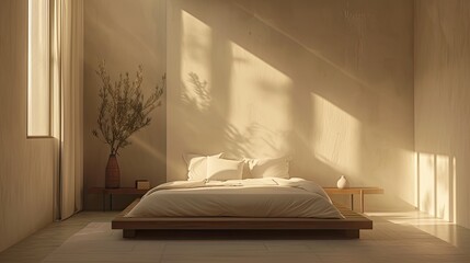 a contemporary bedroom with a neutral palette, featuring a stylish platform bed bathed in soft ambient lighting, and adorned with decor to create a tranquil retreat for rest.