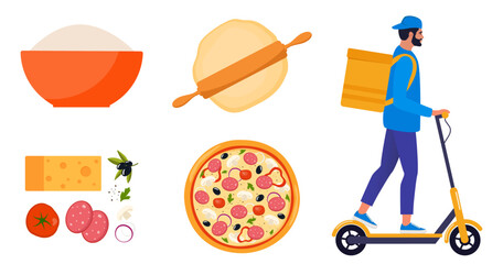 Pizza cooking and delivery steps. Easy recipe for homemade Italian food. Preparation of the dough. Courier on an electric scooter delivers pizza. Vector illustration.