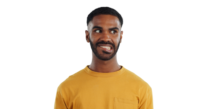 Thinking, anxiety and stress of black man isolated on a transparent, png background. Confused, fear and scared person with worry for mental health, burnout and doubt with mistake, nervous and fail - Powered by Adobe