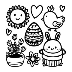 Easter bunny kawaii funny spring doodle set. Spring easter chick egg funny bird set