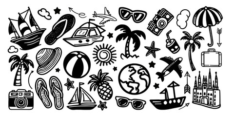 Travel doodle sea tour hand sketch set. Travel summer trip drawn vector vacation set - obrazy, fototapety, plakaty