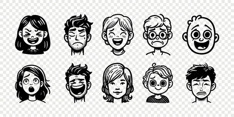 Face human man woman doodle vector set. Face people expression person sketch collection diversity set - obrazy, fototapety, plakaty