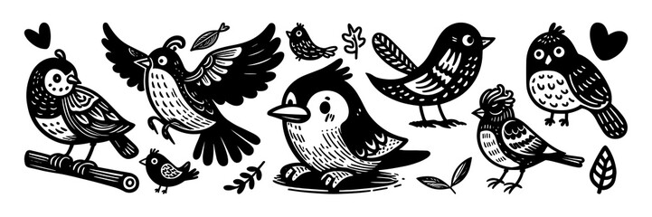 Bird flying tweet cute cartoon doodle set. Bird dove sparrow animal flight vector set - obrazy, fototapety, plakaty