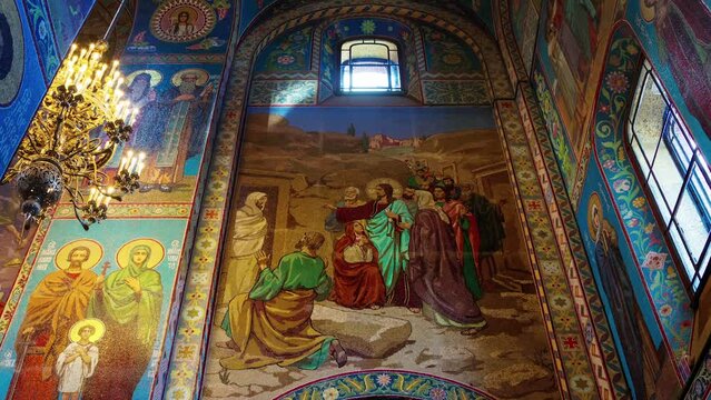 SAINT-PETERSBURG, RUSSIA - JUNE, 2023: Interior stunning architecture of the Church of the Savior on Spilled Blood through a timelapse hyperlapse.