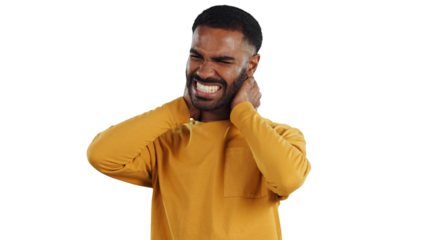 Neck pain, stress and man frustrated with headache, tension or pressure isolated on a transparent, png background. Worry, anxiety and face upset male model with burnout or hurt muscle from injury