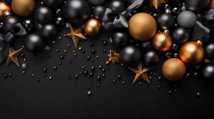 Square banner with Christmas symbols. Christmas tree, balls, golden tinsel confetti and snowflakes on clean background. Header for website template.