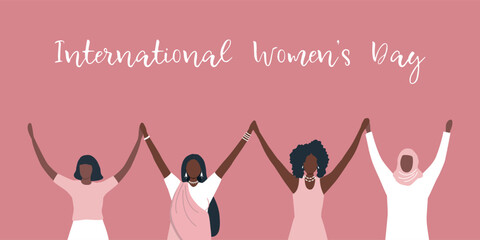 Women are holding hands, stand together. International Women's Day concept. Women's community. Female solidarity. Diverse group of women faceless. Vector illustration in pink colors