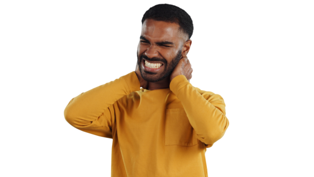 Neck pain, stress and man frustrated with headache, tension or pressure isolated on a transparent, png background. Worry, anxiety and face upset male model with burnout or hurt muscle from injury