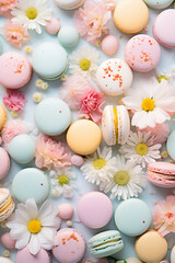 Fototapeta na wymiar Easter macarons, macarons pattern decorated with spring flowers, pastel colors flat lay